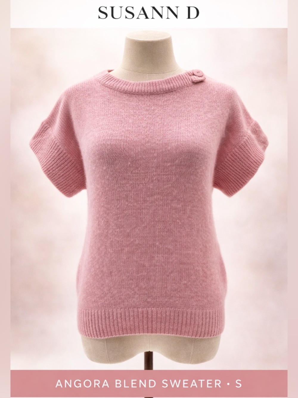 VTG Susann D Pink Button Neck Detail Short Sleeve Silk/Angora/Wool Sweater-S